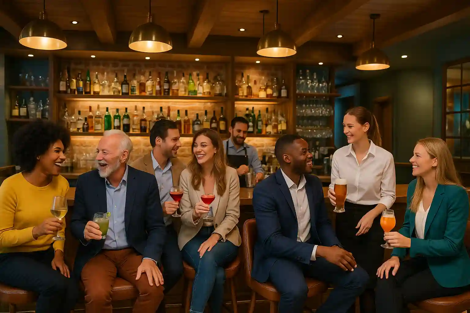 Grupo de personas disfrutando bebidas en un bar elegante con ambiente cálido y moderno.