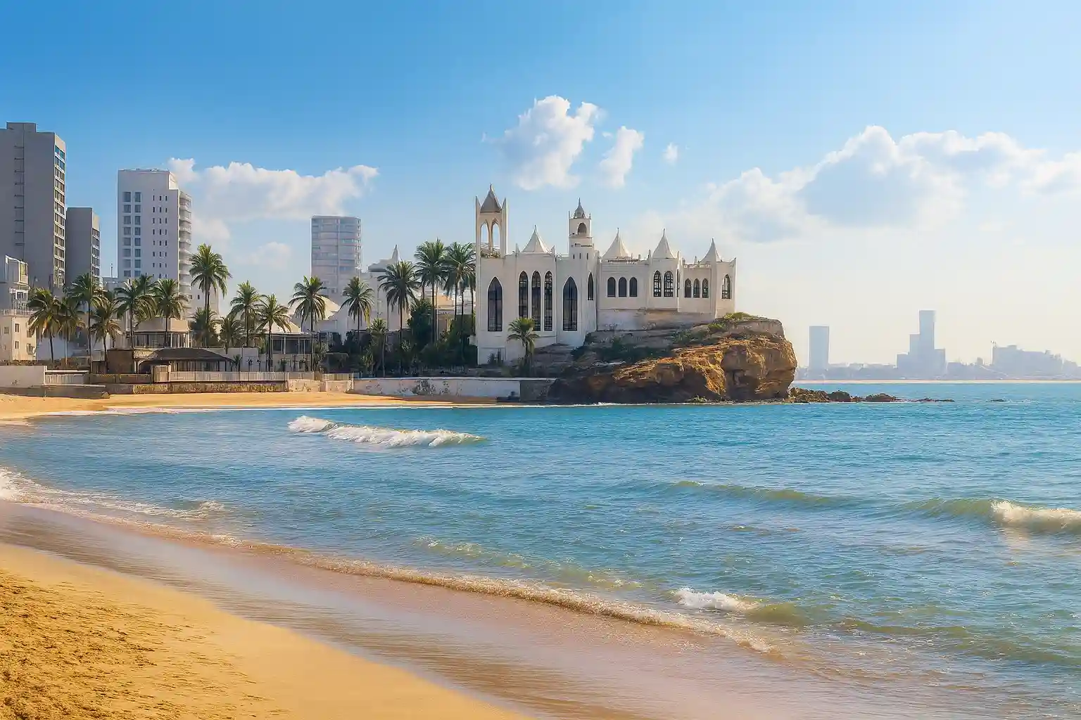 Vista panorámica de una iglesia junto al mar y edificios modernos en la costa tropical.