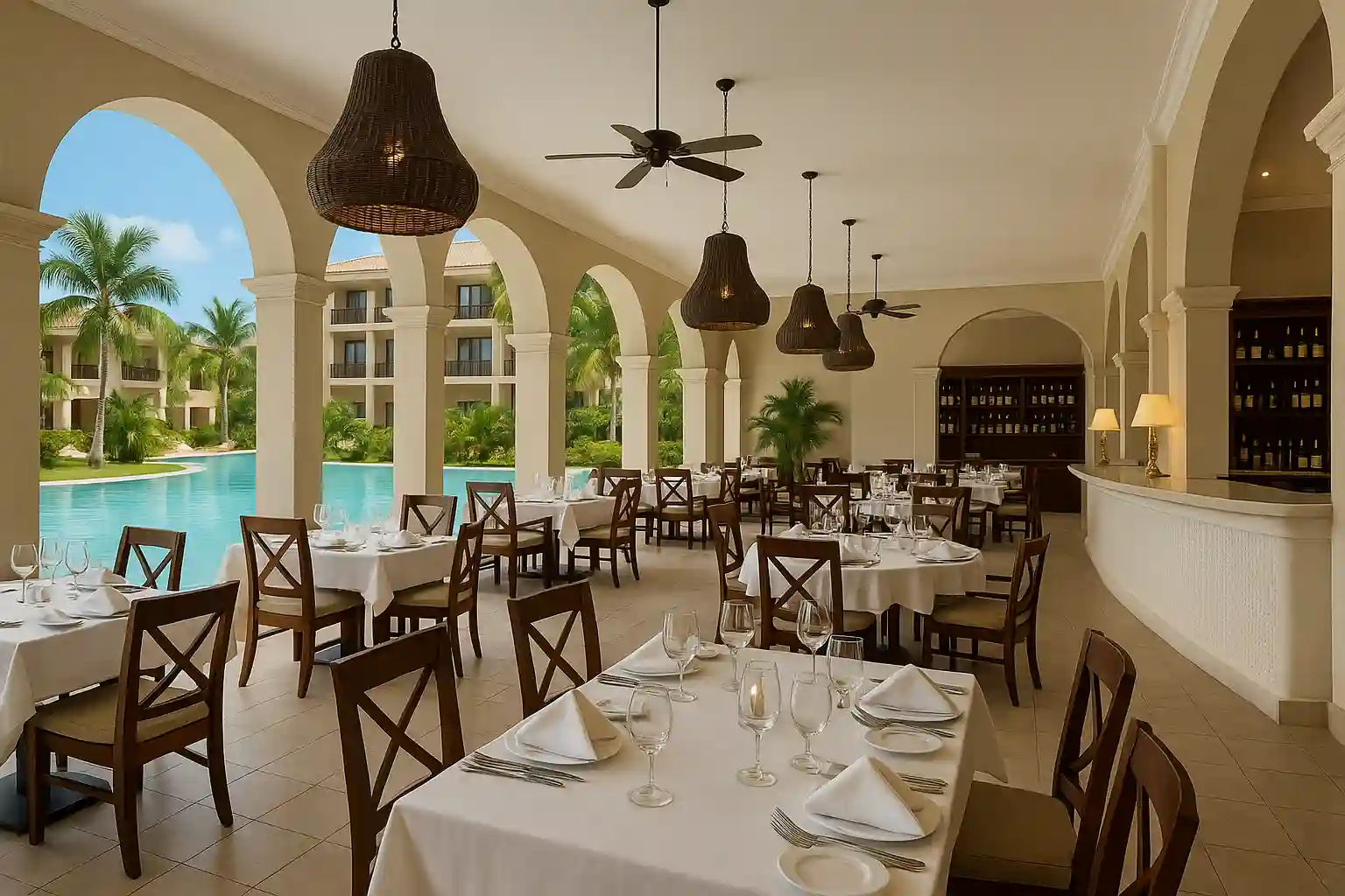 Restaurante elegante con vista a la piscina y decoración tropical en un hotel de lujo.